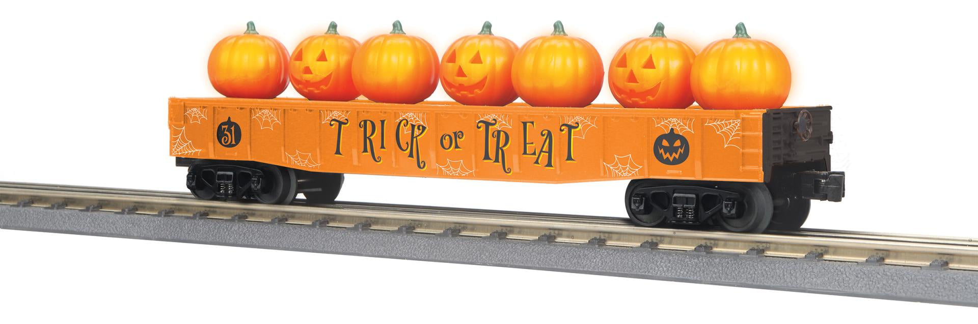 30-72260 O Gauge RailKing Halloween Gondola Car w/Flickering Lighted Jack-O-Lanterns