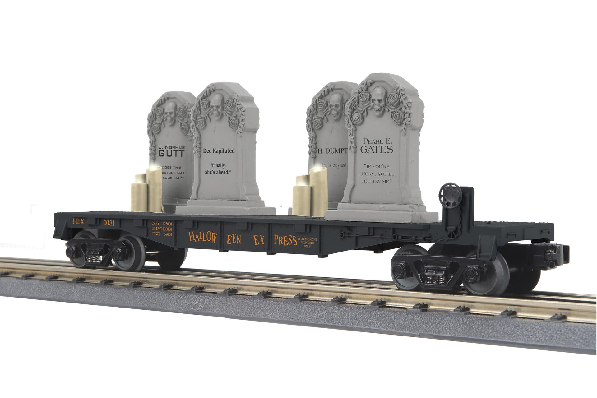 30-76927 O Gauge RailKing Halloween Flat Car w/Headstones & Flickering Lighted Candles