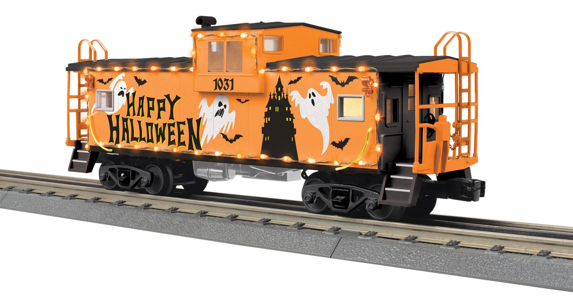 30-77411 O Gauge Rugged Rails Halloween Extended Vision Caboose with LED Lights
