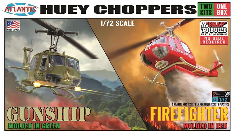 AAN-1026 1/72 Huey Choppers (2): US Army Gunship & Firefighter Helicopter (Snap)