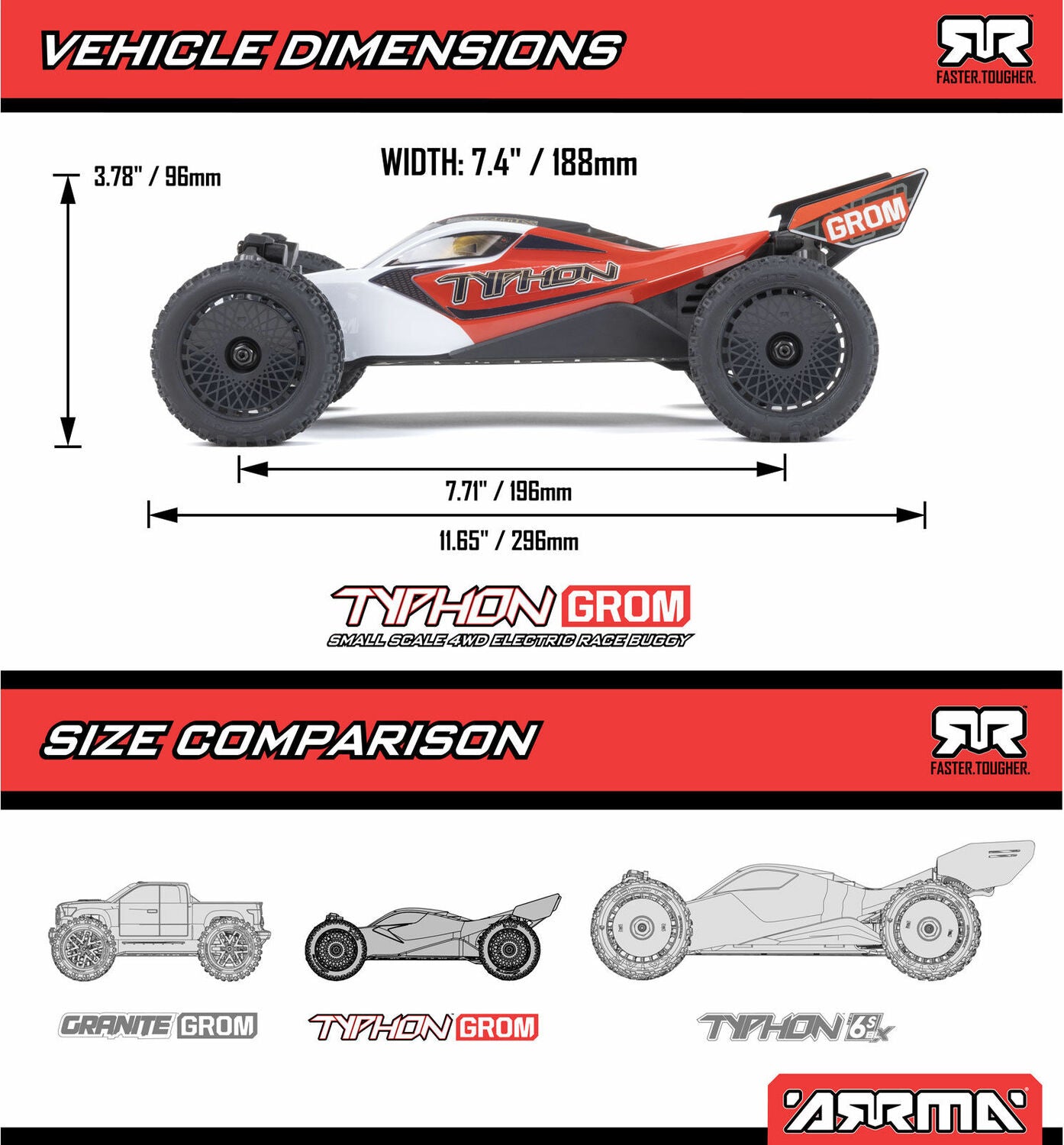 TYPHON GROM MEGA 380 Brushed 4X4 Small Scale Buggy RTR with Battery & Charger, Red/White