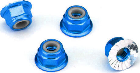 Nuts, aluminum, flanged, serrated (4mm) (blue-anodized) (4)
