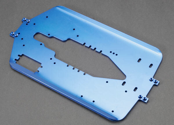 Chassis, T-Maxx, long wheelbase (extended 30mm) (6061-T6 aluminum, 4.0mm) (blue anodized)