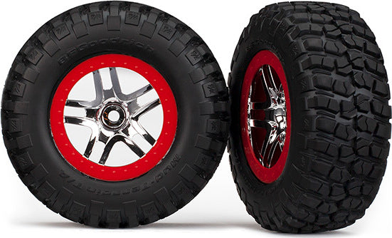 Tires & wheels, assembled, glued (S1 ultra-soft, off-road racing compound) (SCT Split-Spoke chrome, red beadlock style wheels, BFGoodrich Mud-Terrainル T/A KM2 tires, foam inserts) (2) (4WD f/r, 2WD rear)