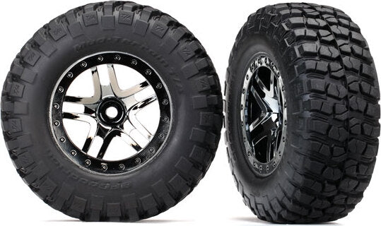 Tires & wheels, assembled, glued (SCT Split-Spoke black chrome beadlock style wheels, BFGoodrich Mud-Terrainル T/A KM2 ultra-soft S1 compound off-road racing tires, foam inserts) (2) (4WD f/r, 2WD rear) (TSM rated)