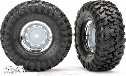 Tires and Wheels, Assembled, Glued (1.9" Chrome Wheels, Canyon Trail 4.6x1.9" Tires) (2)/ Center Caps (2)/ Decal Sheet (requires #8255A Extended Thread Stub Axle)