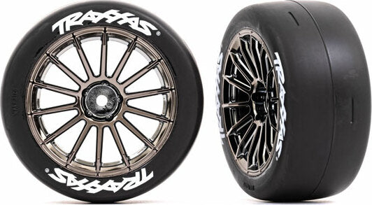 Tires and Wheels, Assembled, Glued (multi-spoke Black Chrome Wheels, 2.0" Slick Tires with Traxxas® Logo, Foam Inserts) (front) (2) (VXL Rated)