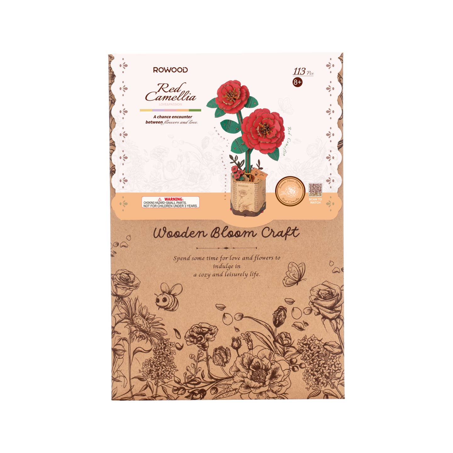 TW031 Red Camellia Robotime Rowood DIY Wooden Flower 3D Puzzles