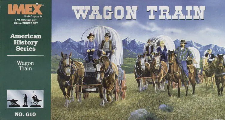 IMX-610	1/72 Wagon Train (8 Conestoga wagons, chuck wagon, prairie schooner, 30 figs, 5 cows, 6 pigs, 2 oxen, 50 horses, 10 drivers, 2 campfires)