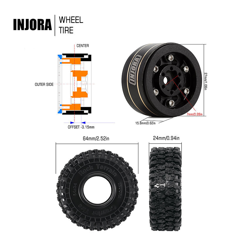 INJORA 4PCS 1.0" 64*24mm Brass Wheel Rims Tires Set for 1/18 1/24 RC Crawlers (W1005-T1011)