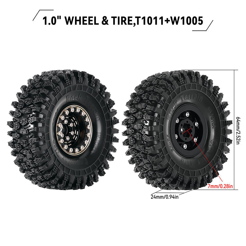 INJORA 4PCS 1.0" 64*24mm Brass Wheel Rims Tires Set for 1/18 1/24 RC Crawlers (W1005-T1011)