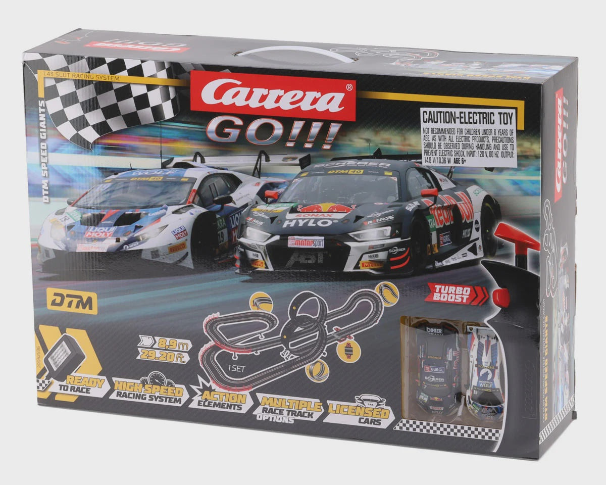 CCN62596 Carrera GO!!! DTM Speed Giants 1/43 Slot Car Racing Track Set w/Audi R8 LMS GT3 & Lamborghini Huracán GT3 Cars