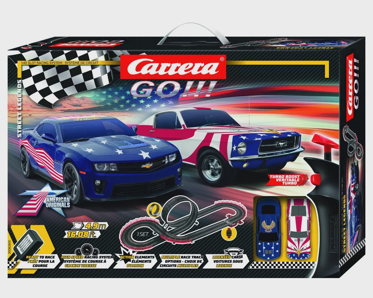 Carrera GO!!! Street Legends 1/43 Slot Car Racing Track Set w/Ford Mustang & Chevrolet Camaro Stars 'n Stripes Cars