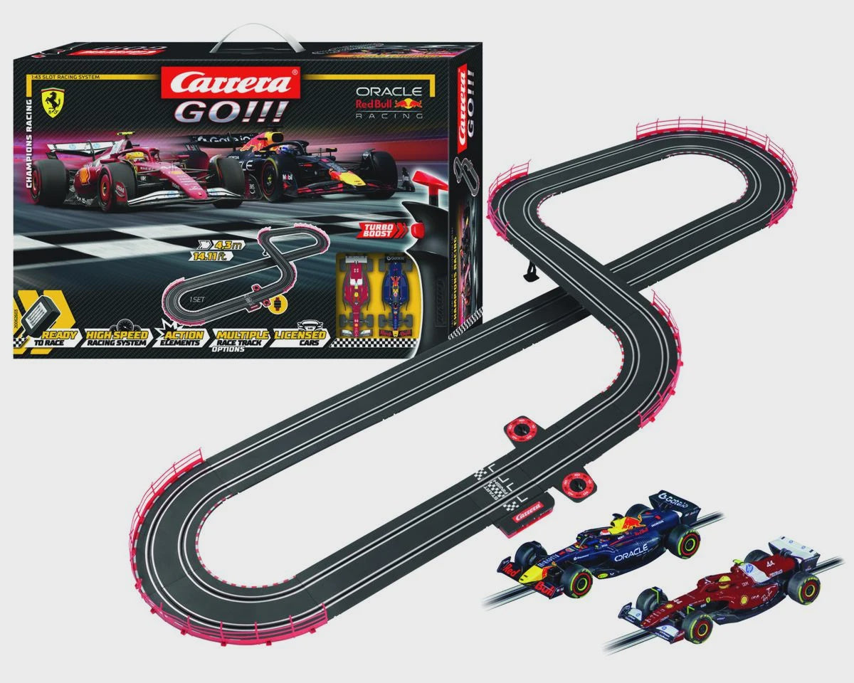 Carrera GO!!! Champion's Racing 1/43 Slot Car Racing Track Set w/Oracle Red Bull Racing RB21 & Ferrari SF-25 Formula 1 Cars