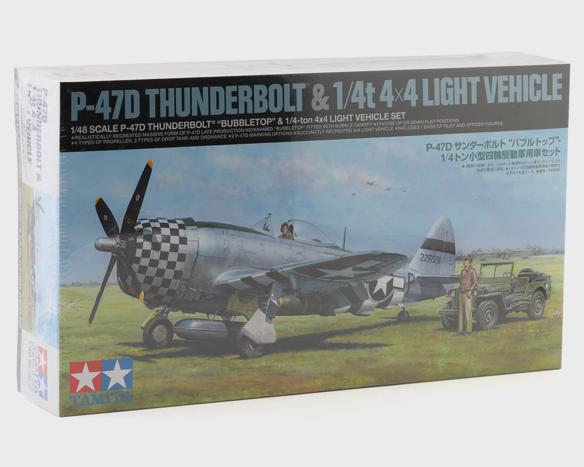 Tamiya Republic P-47D Thunderbolt Bubbletop 1/48 Model Airplane Kit w/1/4-Ton 4x4 Light Vehicle