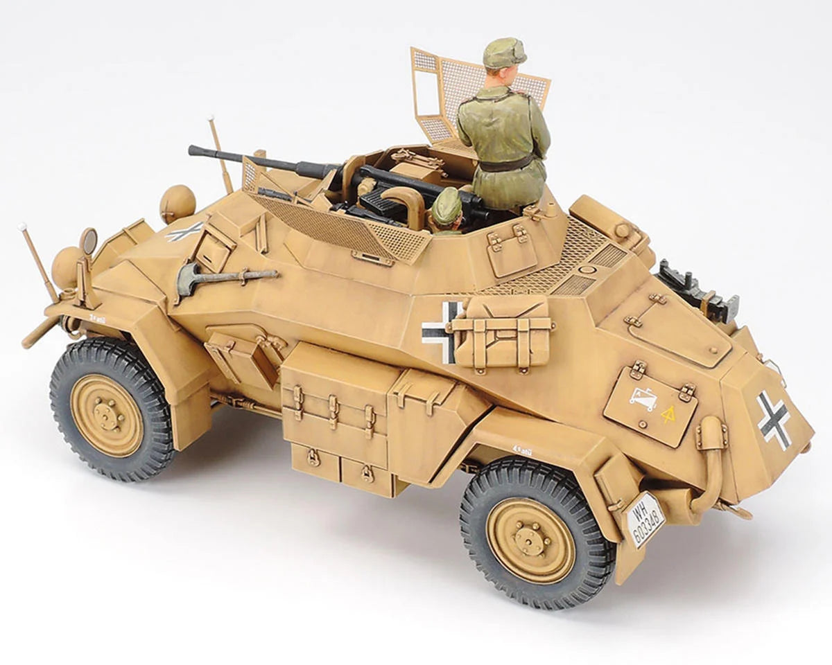 Tamiya 1/35 Sd.Kfz.222 North Africa Armored Vehicle Plastic Model Kit w/Motorcycle & Figures