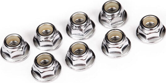 Nuts, 4mm flanged nylon locking (steel, serrated) (8)