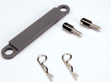 Battery hold-down plate (grey) / metal posts (2) / body clips (2)