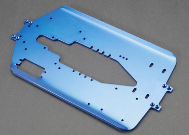 Chassis, T-Maxx, long wheelbase (extended 30mm) (6061-T6 aluminum, 4.0mm) (blue anodized)