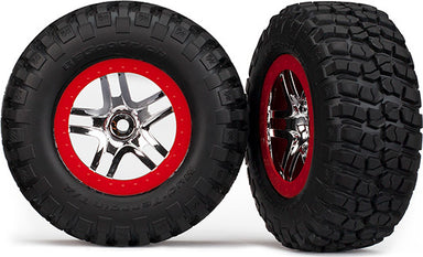 Tires & wheels, assembled, glued (S1 ultra-soft, off-road racing compound) (SCT Split-Spoke chrome, red beadlock style wheels, BFGoodrich Mud-Terrainﾙ T/A KM2 tires) (2) (2WD front)