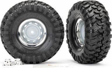 Tires and Wheels, Assembled, Glued (1.9" Chrome Wheels, Canyon Trail 4.6x1.9" Tires) (2)/ Center Caps (2)/ Decal Sheet (requires #8255A Extended Thread Stub Axle)