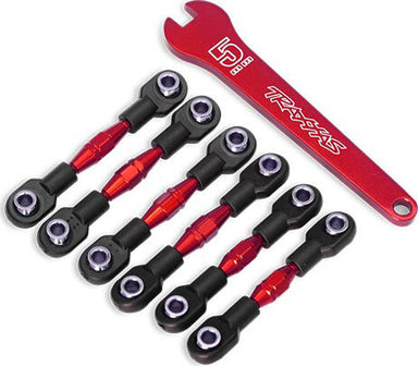 Turnbuckles, aluminum (red-anodized), camber links, 32mm (front) (2)/ camber links, 28mm (rear) (2)/ toe links, 34mm (2)/ aluminum wrench