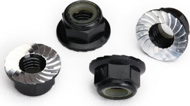 Nuts, 5mm flanged nylon locking (aluminum, black-anodized, serrated) (4)